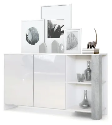 Produktbild von Sideboard Canto, Germany, Lange Anrichte mit 2 Türen und 6 Fächern, Korpus Weiß matt, Fronten Weiß Hochglanz, Nachbildung-Paneele Beton Oxid Optik (143 x 81 x 36 cm)