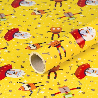 Produktbild von Geschenkpapier Alien & Roboter, gelb, 0,70 x 10 m - Geburtstagspapier für Kinder