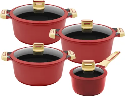 Produktbild von 4/8tlg. KING® Kochtopfset GOURMET ROT / Topfgrößen ca. Ø16, Ø18, Ø20, Ø24cm / aus Aluguss mit keramisch verstärkter Antihaftbeschichtung: XYLAN™ PLUS SILVER DIAMOND / Farbe: ROT