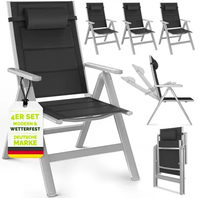 Produktbild von tillvex Gartenstuhl mit Polster Premium 4 Stück Silber klappbar aus Aluminium | Hochlehner mit Armlehnen | Klappstuhl verstellbar | Klappsessel Balkon Garten Terrasse