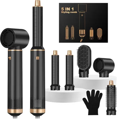Image de Kit de coiffure 5 en 1 avec brosse ronde, brosse à air chaud, brosse sèche-cheveux, sèche-cheveux, fer à friser et brosse lissante pour plus de volume, des boucles et un lissage parfait.