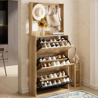 Produktbild von Moderner Schuhschrank, 3 klappbaren Fächern & Haken, ideal für Flur oder Diele – Naturholzoptik + Schwarz, Maße: B75/H180/T24 cm