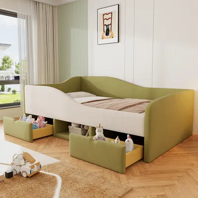 Image de Flieks Lit d'enfant 90x190cm avec 2 tiroirs et compartiment de rangement ouvert, Lit rembourré simple avec sommier à lattes, Canapé-lit pour enfants avec protection contre les chutes, velours