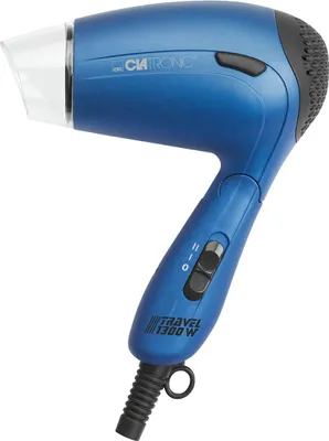 A blue Clatronic travel hair dryer is shown against a white background.