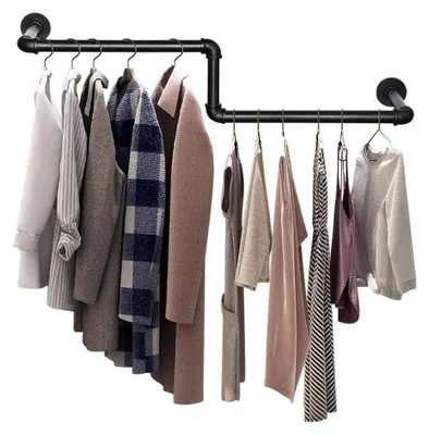 Produktbild von Z-förmige Kleiderstange - Wandmontierte Garderobenstange 100 cm - 25 mm Stahl-Industrierohre - Kleiderstange/Kleiderhalter - Rostbeständig - Schwarz