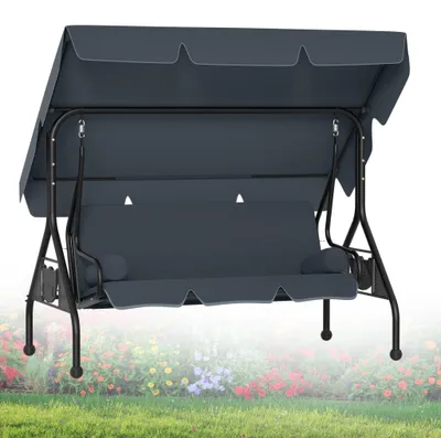 Image de Balançoire de jardin LZQ 3 places avec fonction d'inclinaison et 2 coussins – Balançoire de jardin avec auvent, 2 tablettes et structure en acier pouvant supporter jusqu'à 350 kg, gris