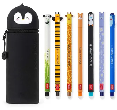 7er-Set ausradierbare Gelstifte + Pinguin-Etui, 0,7 mm