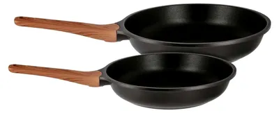 Produktbild von 2-teiliges Pfannenset Bratpfanne 24 cm & 28 cm Ø, Induktion, Antihaftbeschichtung, Aluminium mit Holz-Optik Griff | Spülmaschinengeeignet