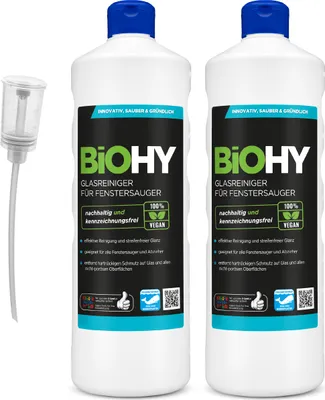 Produktbild von BiOHY Glasreiniger für Fenstersauger (2x1l Flasche) + Dosierer | geeignet für alle Fenstersauer | sorgt für strahlenden Glanz auf allen glatten Flächen | für eine klare und streifenfreie Reinigung