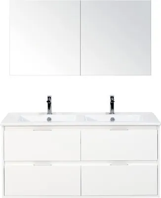 Produktbild von Sanox Badmöbel-Set Porto BxHxT 121 x 170 x 51 cm Frontfarbe weiß mit Doppel-Waschtisch Keramik weiß, Waschtischunterschr