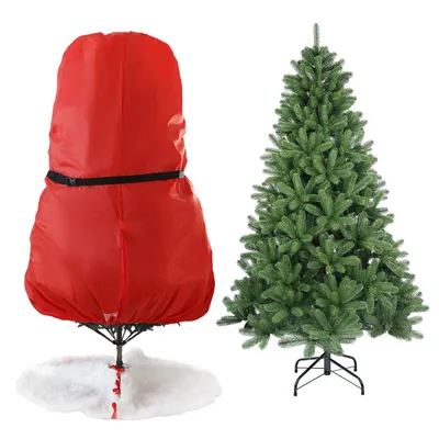 A red Christmas tree storage bag and a green artificial Christmas tree are shown side-by-side against a white background.