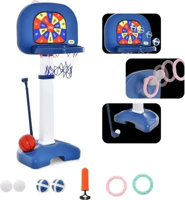 Produktbild von GOPLUS 4 in 1 Kinder Basketballkorb Set, Höhenverstellbarer Basketballständer 111-146 cm, Sportliches Aktivitätszentrum mit Basketball, Blau + Weiß