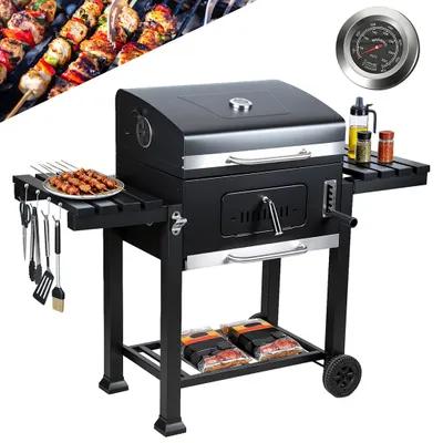 Produktbild von Izrielar Holzkohlegrill Grillwagen Temperaturanzeige Standgrill mit zwei klappbaren Seitenablagen, Schwarz
