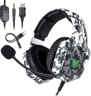 Obrázek produktu pro ONIKUMA K8 PS4 sluchátka Maskovací kabelová sluchátka pro hráče PC Stereo herní sluchátka s mikrofonem LED světla pro XBox One / notebook, černá a bílá