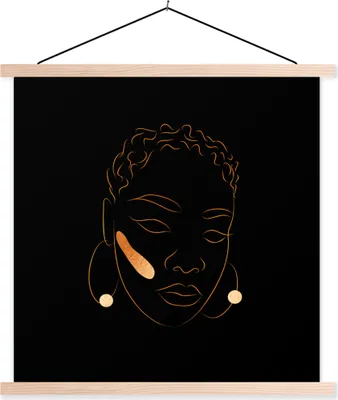 Produktbild von MuchoWow® Textilposter Frau - Schwarz und Gold - Strichzeichnung 120x120 cm mit holzfarbenen Rahmen - Textil-Poster