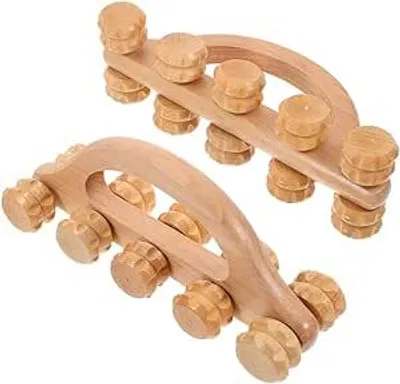 Produktbild von 2er-Set Holz-Massageroller für Nacken, Rücken, Füße und Arme – ideal zur Muskelentspannung, Stimulation der Durchblutung und gezielten Massage.