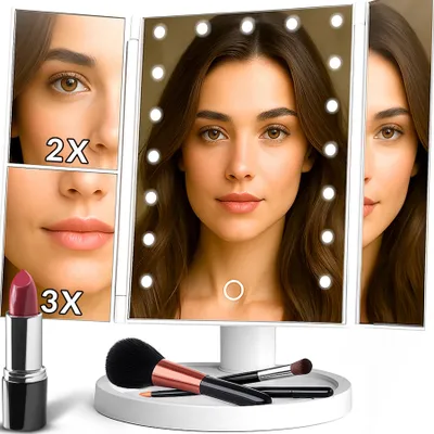 A makeup mirror with LED lights and makeup accessories.