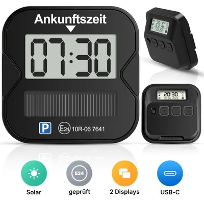 Produktbild von Elektronische Parkscheibe Solar mit Zulassung – 2 Displays, Vollautomatisch, wiederaufladbar statt Batterie – Digitale Parkuhr fürs Auto, Type-C,StVO