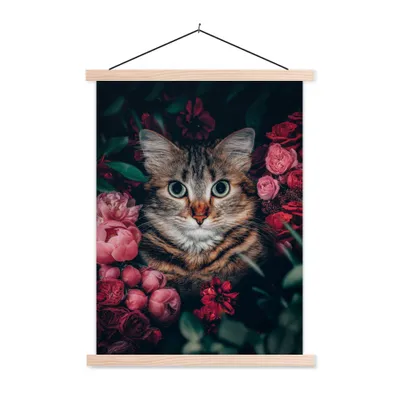 Produktbild von MuchoWow® Textilposter Katze - Blumen - Tiere - Botanisch 40x53 cm mit holzfarbenen Rahmen - Schlafzimmer