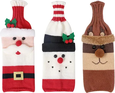 Produktbild von Weihnachts-Weinpullover-Hülle, handgefertigt, gestrickt, Cartoon-Weihnachtsmann, Schneemann, Rentier, Flaschenhülle für den Esstisch im Winter, Dekoration