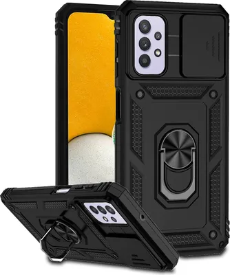 Produktbild von Galaxy A32 5G Hülle mit Schiebe Kamera Schutz und Ringhalter Ständer Robust Rüstung Schutzhülle für Samsung Galaxy A32 5G Schwarz