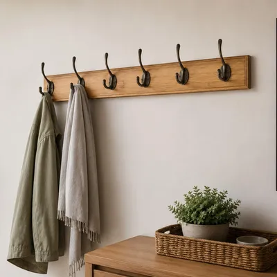 Produktbild von Garderobenleiste Bambus – Wandgarderobe mit Metallhaken – 6 Metallhaken Natur 74,5 cm