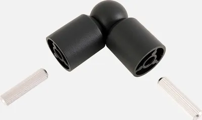 A black corner joint for handrails and two silver pins are shown against a white background.