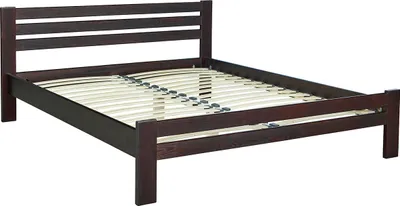 A dark brown wooden double bed frame with a slatted base, shown from a side-diagonal angle against a white background.