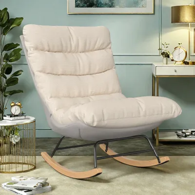 Produktbild von Schaukelstuhl Sessel Schaukelsessel Stillstuhl Schwingstuhl mit Armlehnen Gepolsterter Sitzfläche für Wohnzimmer Schlafzimmer, Balkon, Stoff und Holzkufen, Bis 120 kg Belastbar