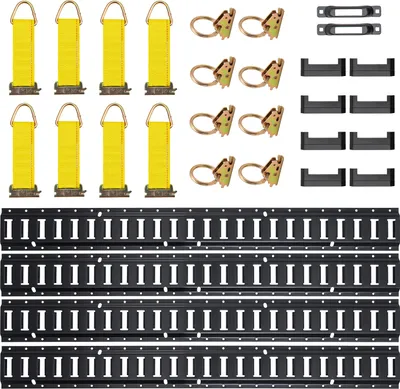 Obrázek produktu pro SucceBuy E Track Tie-Down Rail Kit, 30PCS 5FT Set, obsahuje 4 ocelové kolejnice, 2 jednoduché drážky, 8 O-kroužků, 8 vázacích pásků s D-kroužkem, 8 koncovek, příslušenství pro zajištění nákladu, motocyklů a jízdních kol