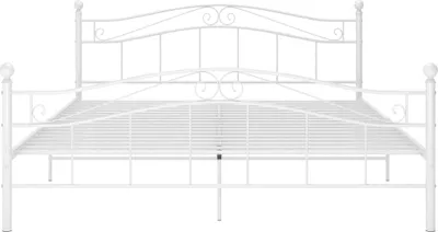 A white metal bed frame is shown against a white background.