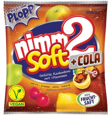 Produktbild von STORCK Nimm2 soft Cola, 195 g, Cola, Zucker, Glukosesirup, Glukose-Fruktose-Sirup, Feuchthaltemittel Sorbitsirup, modifizierte Stärke,..., 1589 kJ, 375 kcal, 3,4 g
