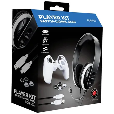 Produktbild von Raptor Gaming Starter Pack PS5 Stereo Headset, Ladekabel, Silikon Skin & Analog Stick Caps schwarz/weiß RG-SK150