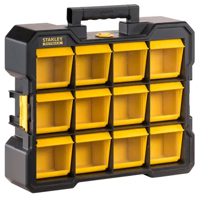 Produktbild von Stanley FATMAX Flip Bin Organizer, Kasten für Kleinteile, Kunststoff, Polycarbonat (PC), Schwarz, Gelb, 7 kg, 450 mm, 356 mm