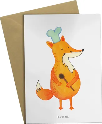 Produktbild von Mr. & Mrs. Panda Klappkarte Fuchs Koch - Weiß - Geschenk, Hungrig, hochzeitskarten, weihnachtskarten, Chefkoch, osterkarte, einladungskarten, Grußkarten, Bäcker