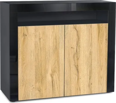 Produktbild von Vladon Kommode Valencia,  Germany, Sideboard mit 2 Türen und 1 offenem Fach, Schwarz matt/Eiche Natur/Schwarz Hochglanz (108 x 92 x 40 cm)