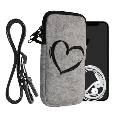 Produktbild von kwmobile Handytasche für Smartphones XXL - 7" - Filz Handy Hülle Schwarz Hellgrau - Handy Tasche mit Kette 17,7 x 8,5 cm Innenmaße - Herz Brush