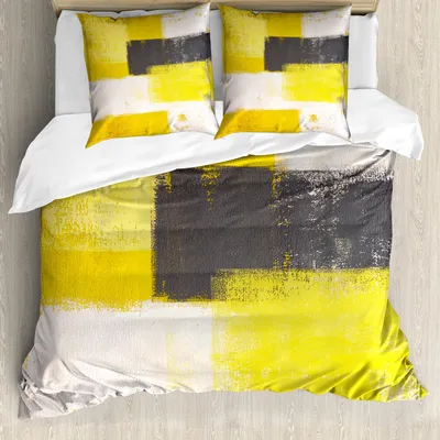 Produktbild von ABAKUHAUS Grau und Gelb Bettbezug Set, Moderne Kunst Abstrakte Grunge Stil Pinselstriche Malerei, 200 x 200 cm + 80 x 80 cm, Grau Gelb