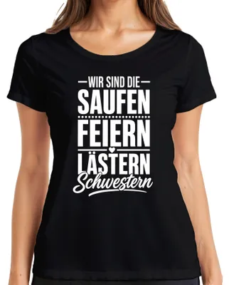 Productafbeelding van Wij zijn de "Saufen, Feesten, Klagen" zussen. Meisjesavond, vrijgezellenfeest. Dames T-shirt, zwart, maat XL