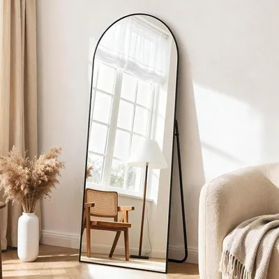 Produktbild von Ganzkörperspiegel 165 x 60 cm, Rahmen aus Aluminiumlegierung, Hartglas, gewölbter Standspiegel Großer Spiegel für Schlafzimmer, Garderobe, Schwarz