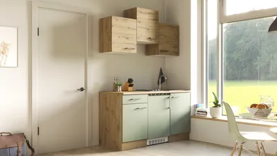 Obrázek produktu pro Rovná kuchyňská linka se spotřebiči Flex Well Cara 150,5 cm barva čela zelená dub matná barva korpusu dub