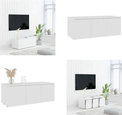 A collage of images showing a white TV cabinet in different settings and angles.
