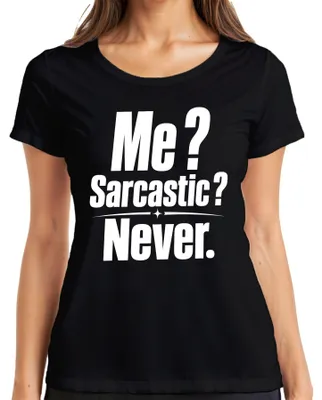 Zdjęcie produktu dla Ja? Sarkastyczny? Nigdy. Koszulka damska, napis: "Sarkazm, ironia, humor, stwierdzenie, cynizm", kolor: czarny, rozmiar: 3XL