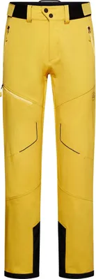 Gelbe Softshellhose "Excelsior Pant M" von La Sportiva mit mehreren Taschen und schwarzem Bund.