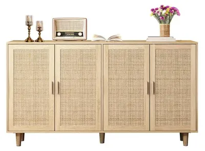 Zdjęcie produktu dla Szafka z rattanu - szafka z 4 drzwiami - 158 cm - Elegancka - Funkcjonalna - Do samodzielnego montażu - Naturalne kolory