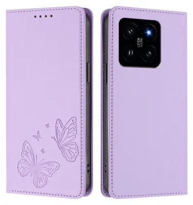 Obrázek produktu pro Kožené pouzdro pro Xiaomi 14, motýlí ražbou, peněženkové flip pouzdro se stojánkem Světle fialová