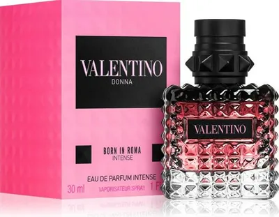 A product shot of a Valentino perfume bottle and its packaging.