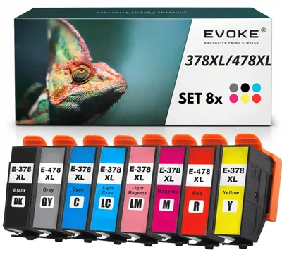 Produktbild von Evoke kompatible Tinte für Epson 378XL 478XL 378 XL 478 XL 8x:Schwarz,Cyan,Magenta,Gelb,Hellcyan,Hellmagenta,Rot,Grau 105,6 ml Expression Photo XP-8500 XP-8505 XP-15000, KI-generiertes Bild
