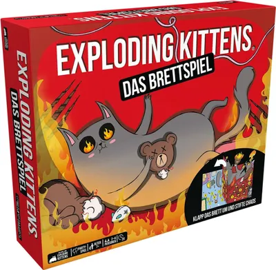 The image shows the front of a board game box for Exploding Kittens.