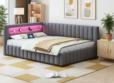 Obrázek produktu pro okwish Rozkládací postel Polsterbett 140x200, Polstrované z sametové látky s LED osvětlením a USB nabíjecí zásuvkou, s opěradlem a hlavovou opěrkou, tmavě šedá (Bez matrace)